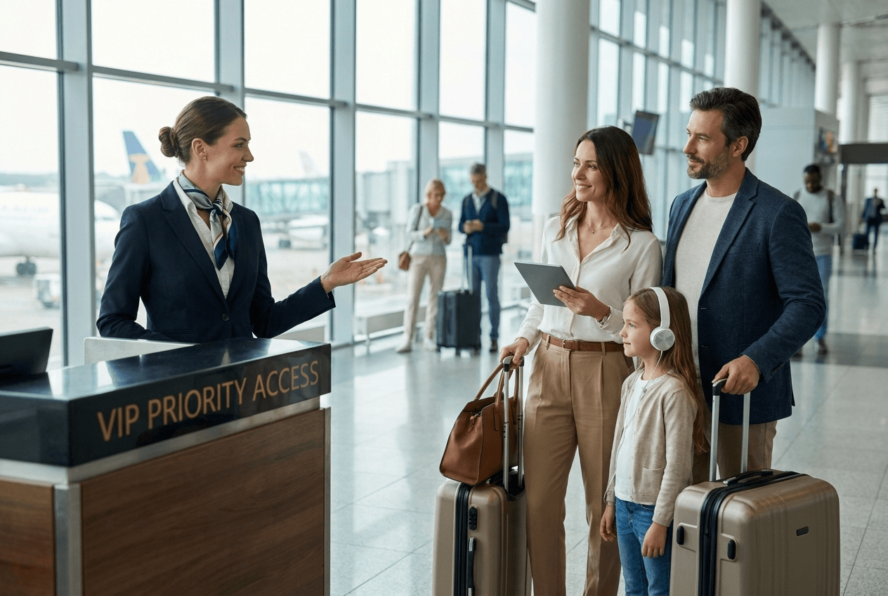 Nhân viên hướng dẫn một gia đình tại quầy ưu tiên trong nhà ga sân bay